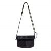 Straight front view of the black SYMA Chain highlighting its half-mesh front pocket, speckled paracord strap, and silver carabiner attachment. Compact sacoche bag.