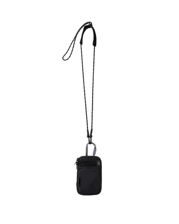 Front vertical view of the black SYMA Imperial modular everyday carry wallet suspended by a carabiner and speckled paracord strap