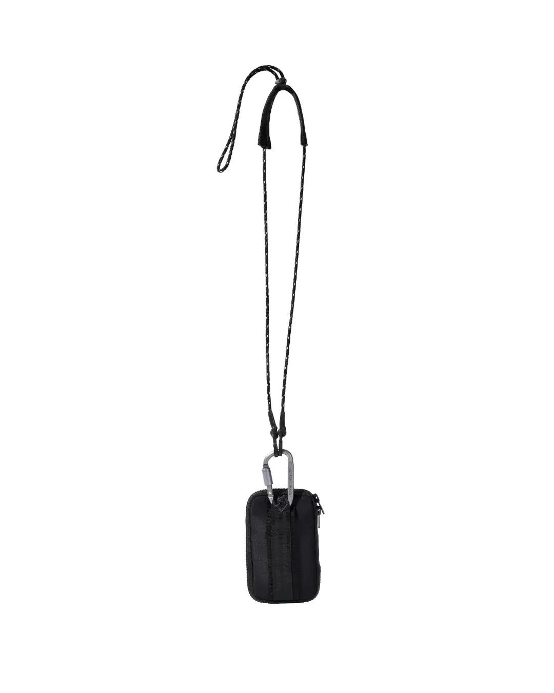 Back vertical view of the black SYMA Imperial modular everyday carry wallet suspended by a carabiner and speckled paracord strap, highlighting the rear vertical nylon webbing attachment strip