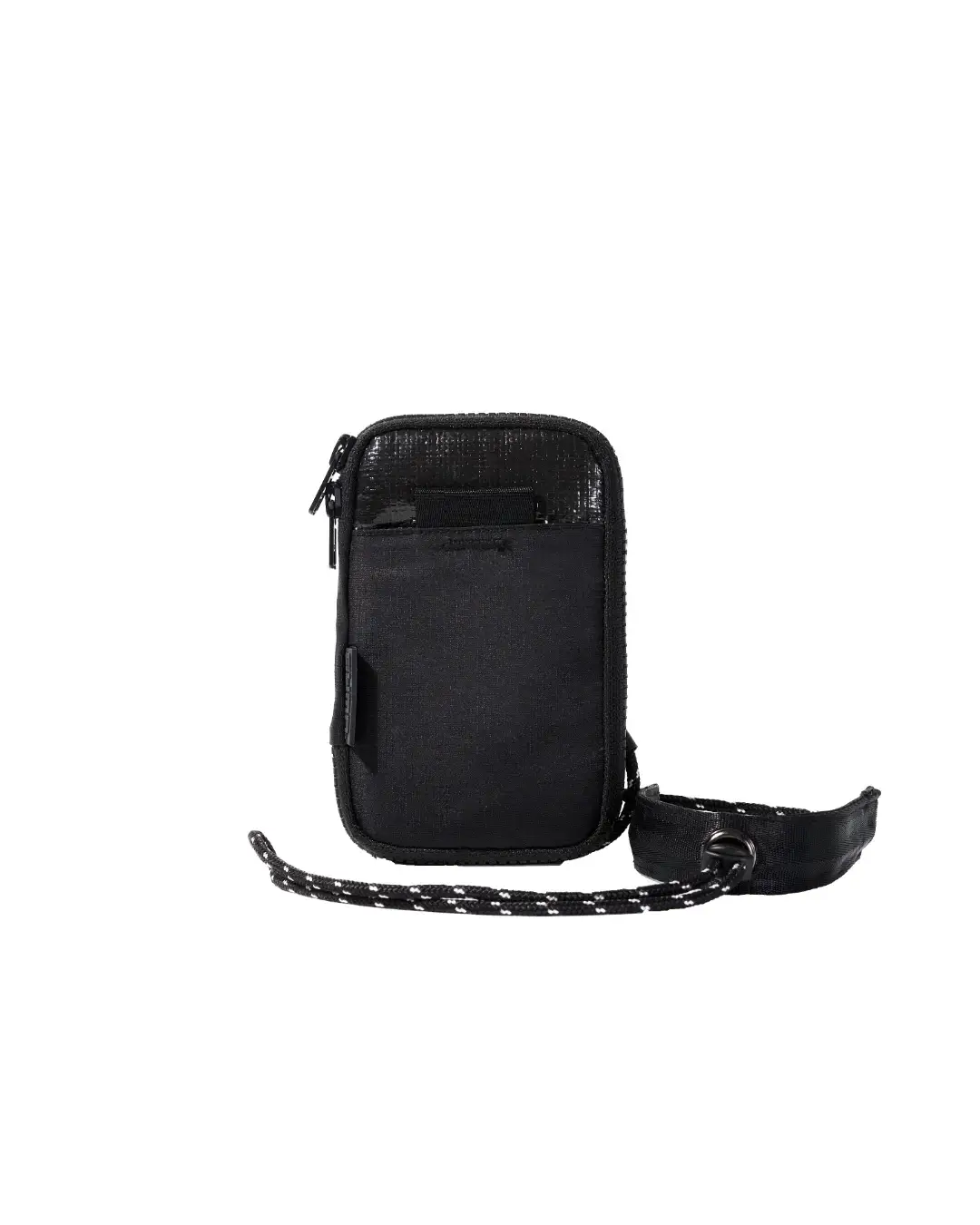 Front vertical view of the black SYMA Imperial modular everyday carry wallet, detailing the contrasting ripstop and tarpaulin exterior, rear slip pocket, side zipper, and adjustable paracord strap