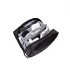 SYMA ARK travel tech organizer open displaying grey anti-scratch compartments filled with everyday carry chargers, cables, and earbuds
