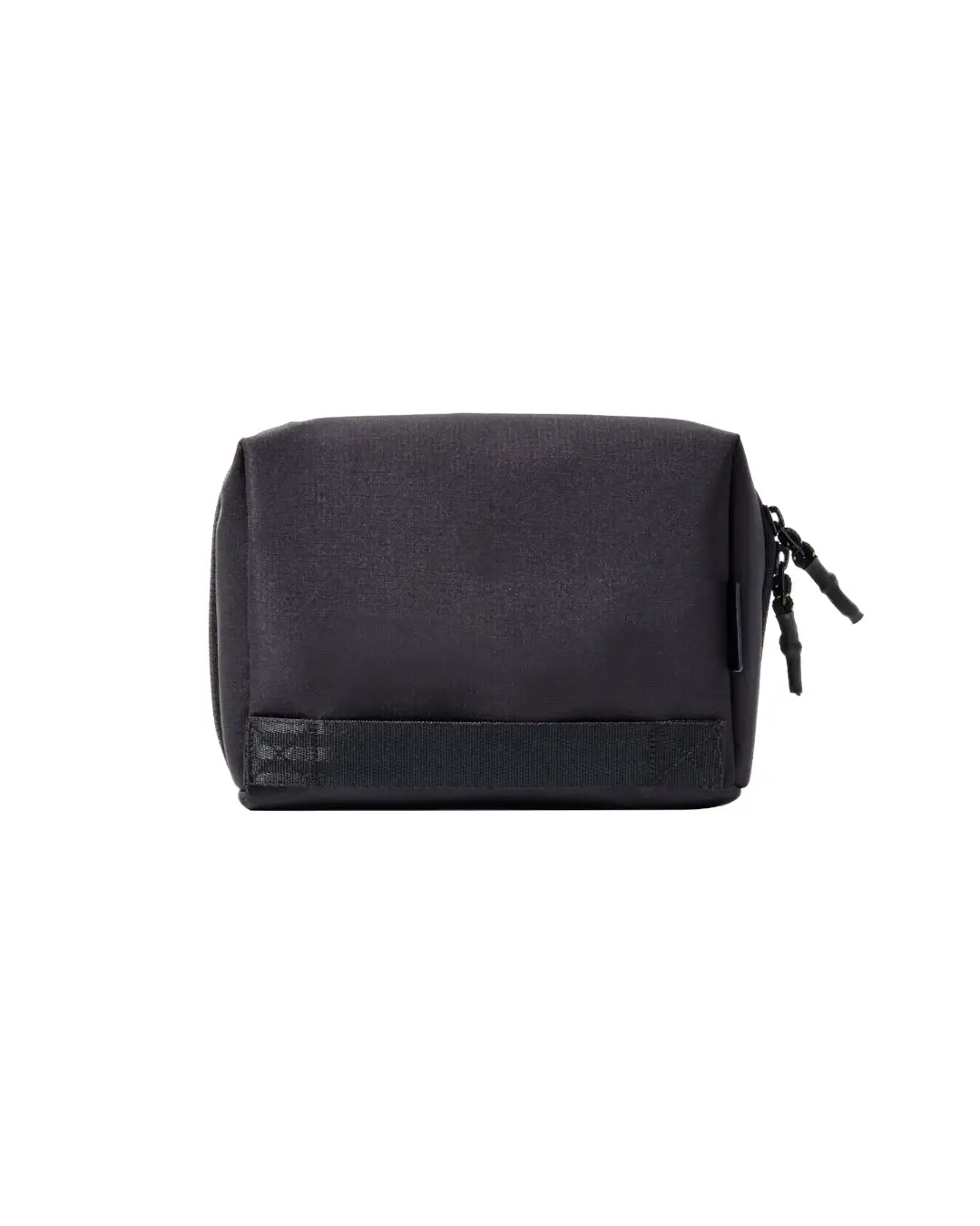 Back exterior view of the black SYMA ARK travel tech organizer closed, featuring the durable 2cm nylon webbing handle.