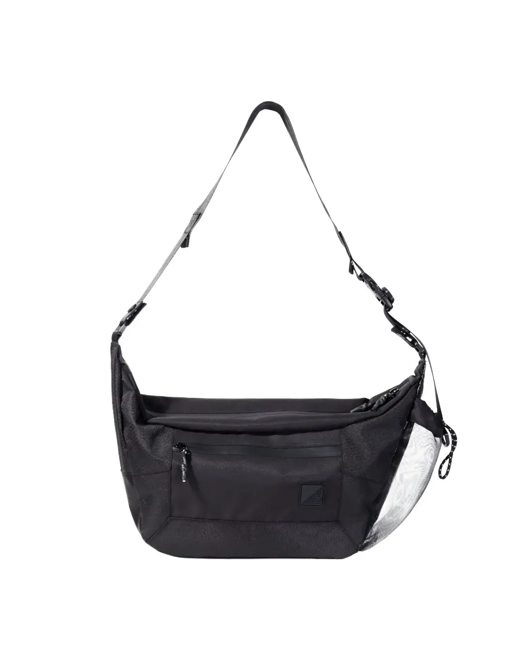 Straight front view of the black SYMA Drone highlighting its spacious main body, quick-access front zippered pocket, and side mesh detail. Urban sling bag.