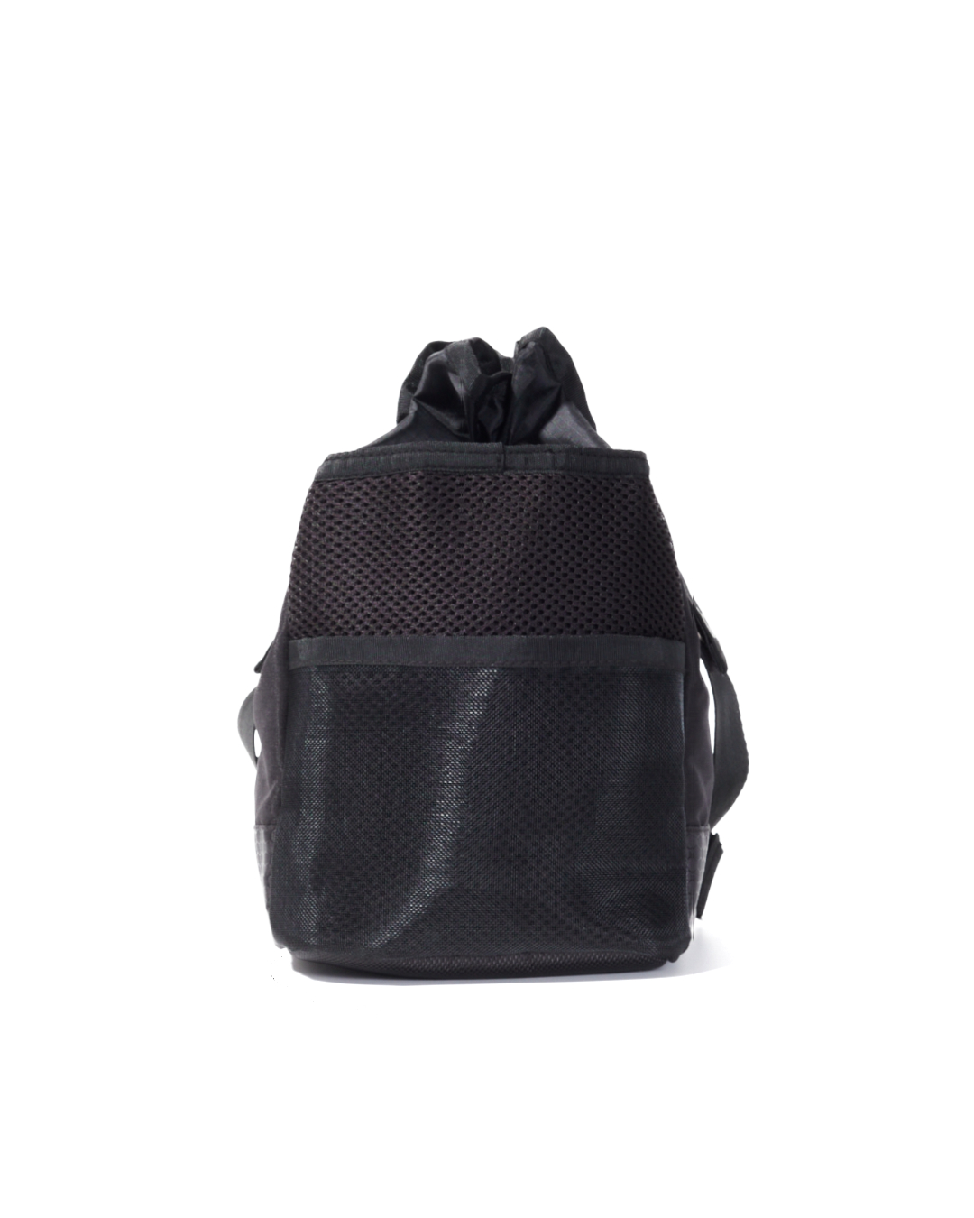 Straight rear view of the black SYMA Sense Sling Bag highlighting its secure back mesh pocket and gathered drawstring top. Minimalist drawstring sling bag.