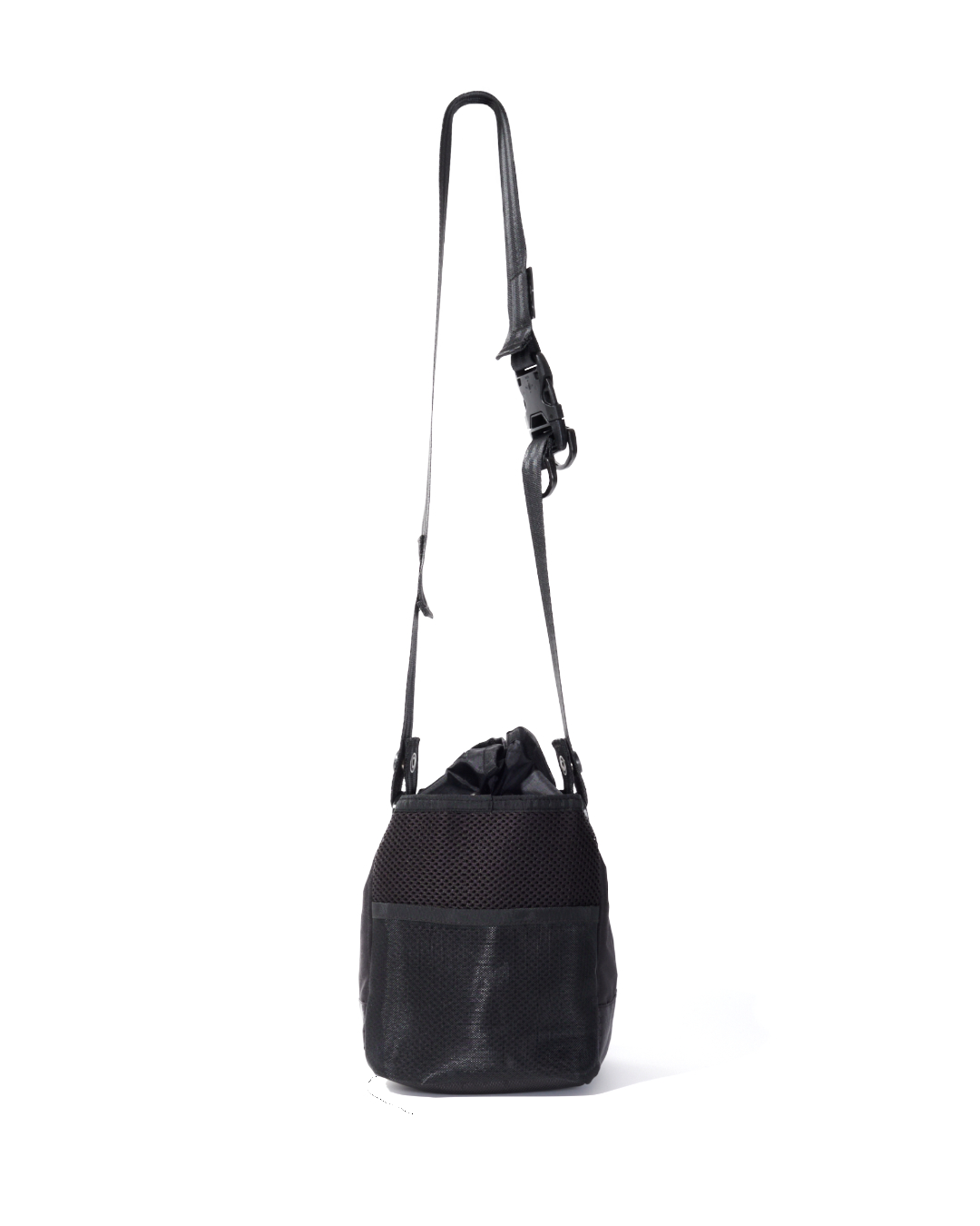Straight suspended rear view of the black SYMA Sense Sling Bag hanging by its adjustable strap, highlighting its secure back mesh pocket and quick-release buckle. Minimalist drawstring sling bag.
