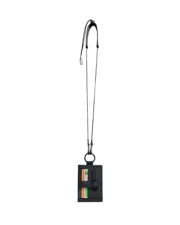 Straight full-length front view of the black SYMA Zipp suspended by its adjustable paracord neck strap, highlighting its card slots and secure snap button. Minimalist lanyard wallet.