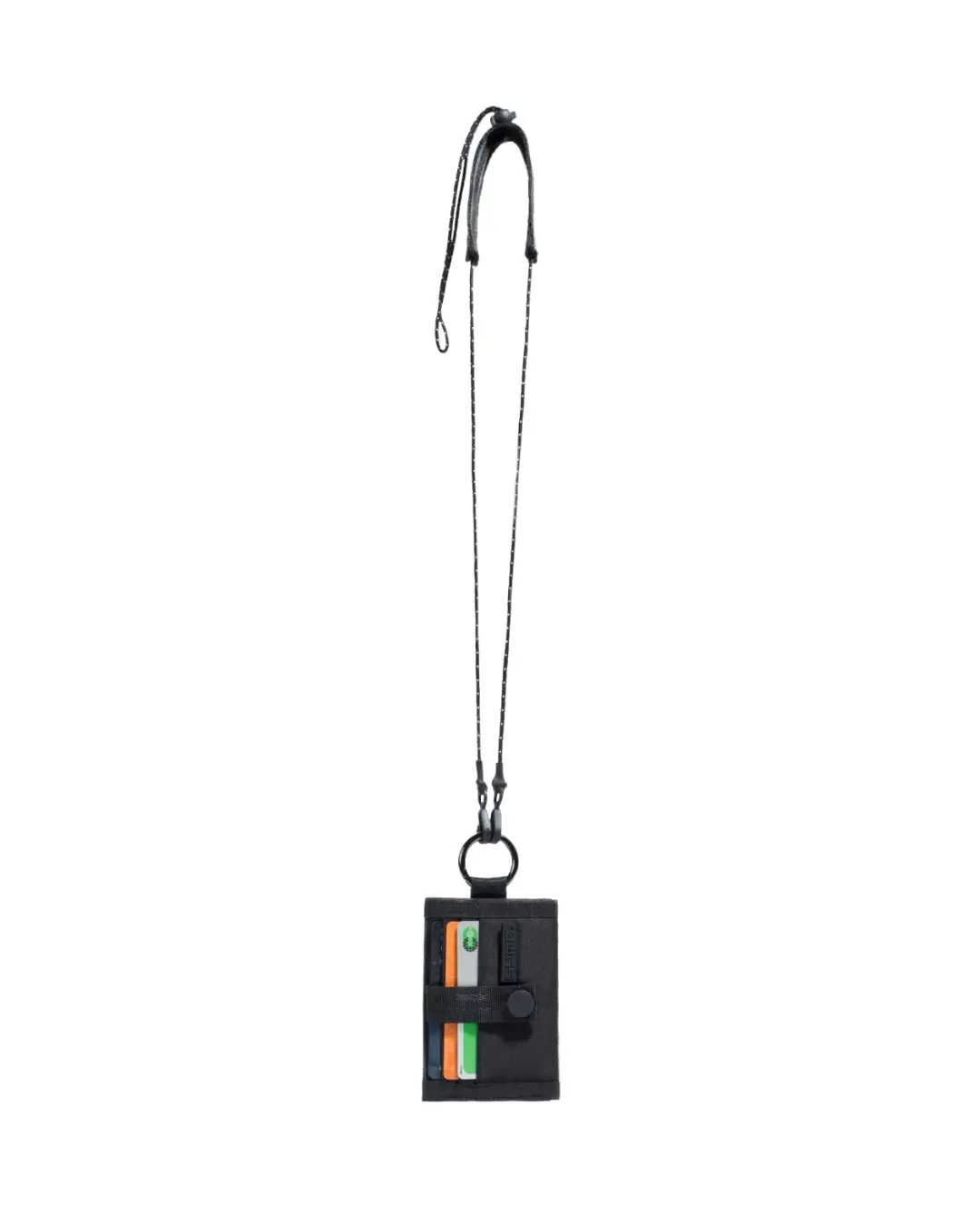 Straight full-length front view of the black SYMA Zipp suspended by its adjustable paracord neck strap, highlighting its card slots and secure snap button. Minimalist lanyard wallet.