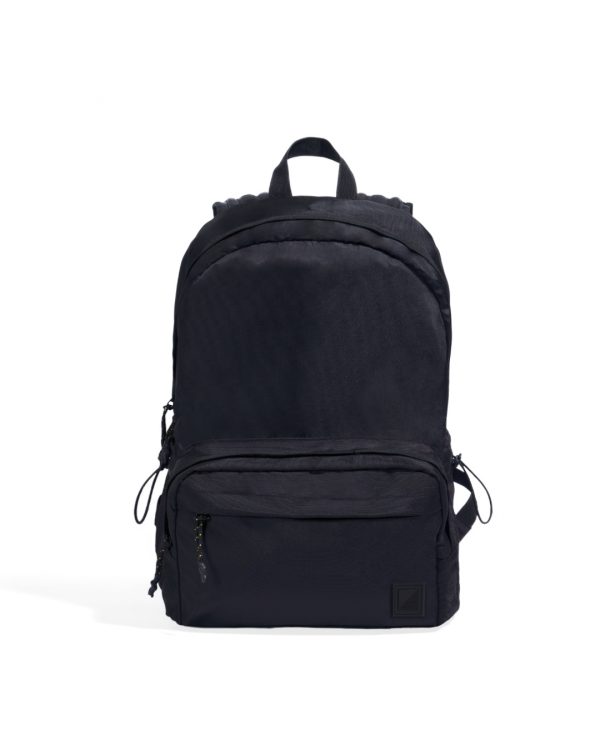 Straight front view of the black SYMA Foyer highlighting its clean utilitarian silhouette, large main compartment, and heavy-duty nylon exterior. 16 inch commuter backpack.