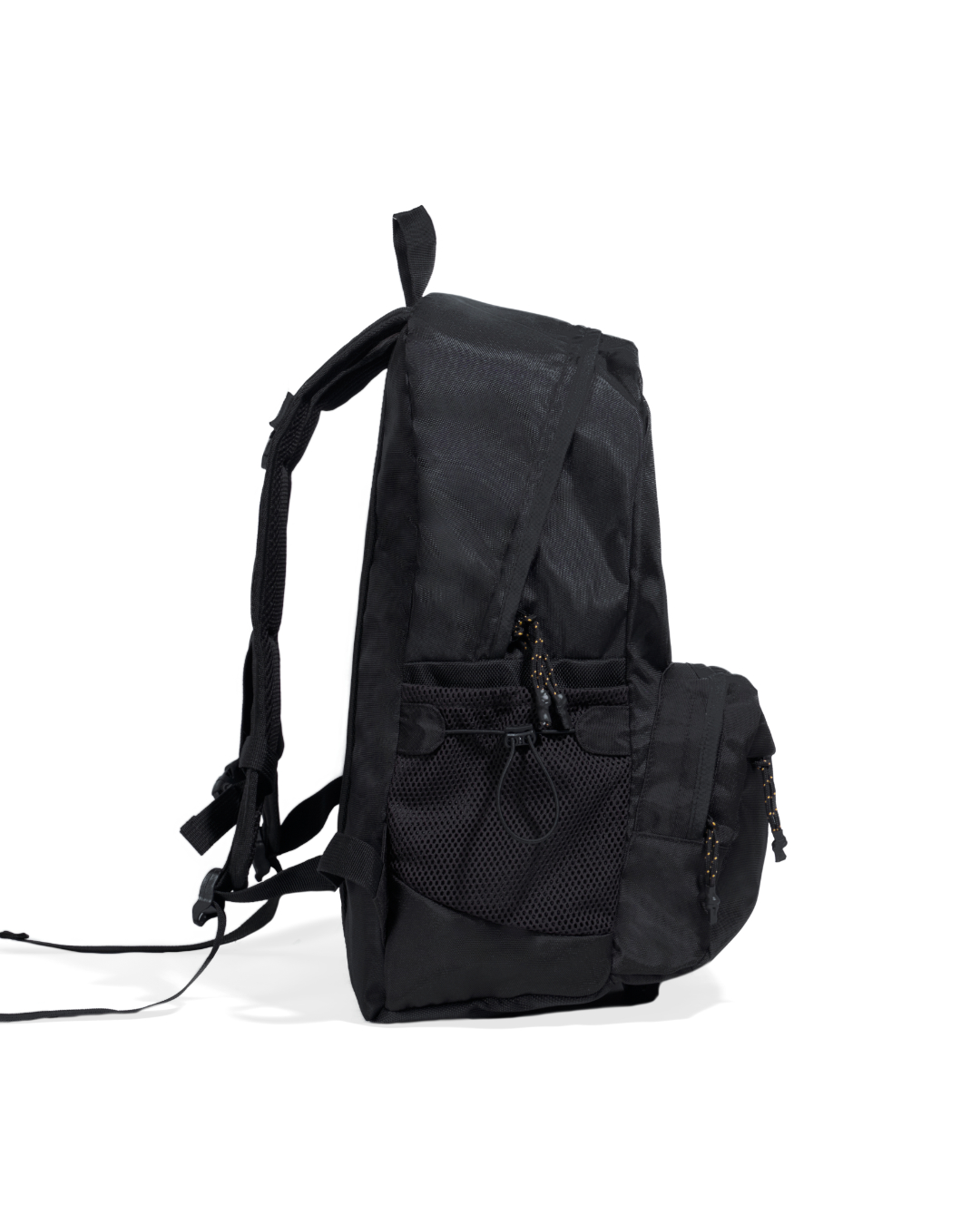 Straight side view of the black SYMA Foyer highlighting its ergonomic curved shoulder straps, deep 21L profile, and expandable side mesh pocket. 16 inch commuter backpack.