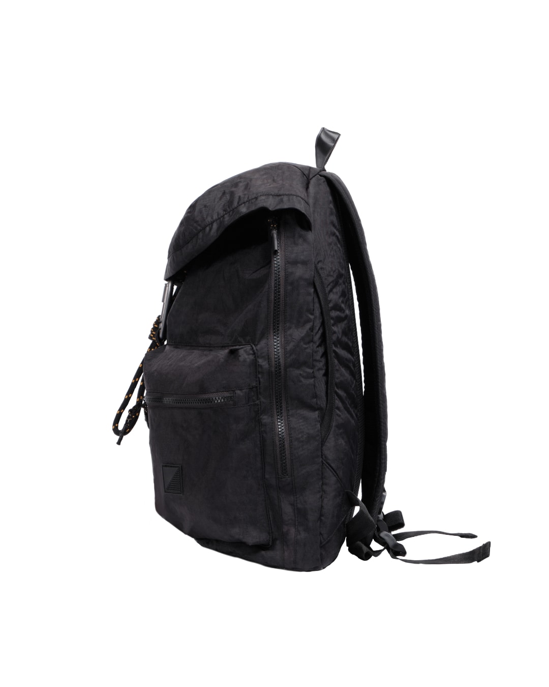 Left side profile view of black SYMA Hover Backpack highlighting quick-access side zipper and slim silhouette. Versatile daily backpack