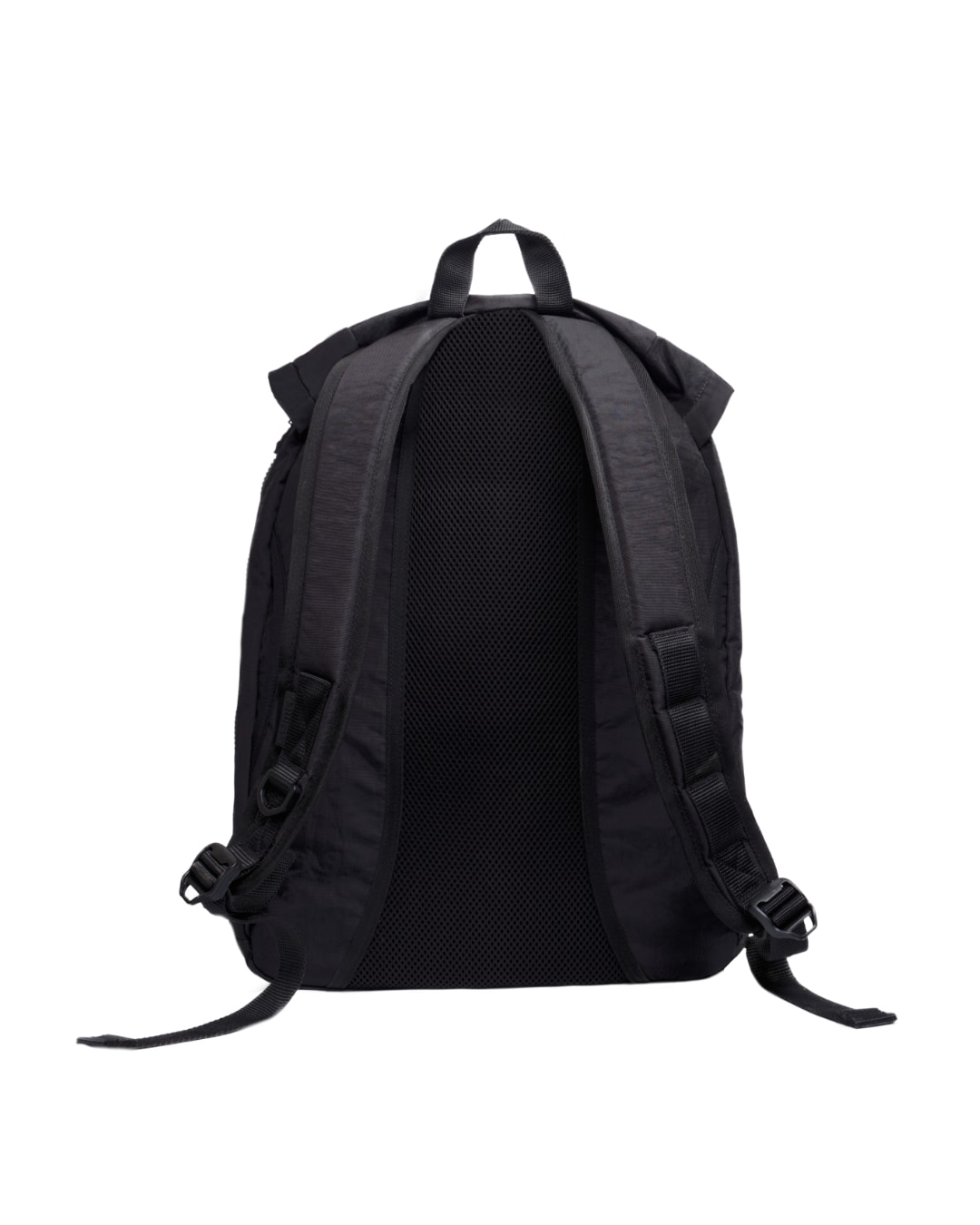 Back view of black SYMA Hover Backpack highlighting padded shoulder straps and breathable mesh back panel. Versatile daily backpack