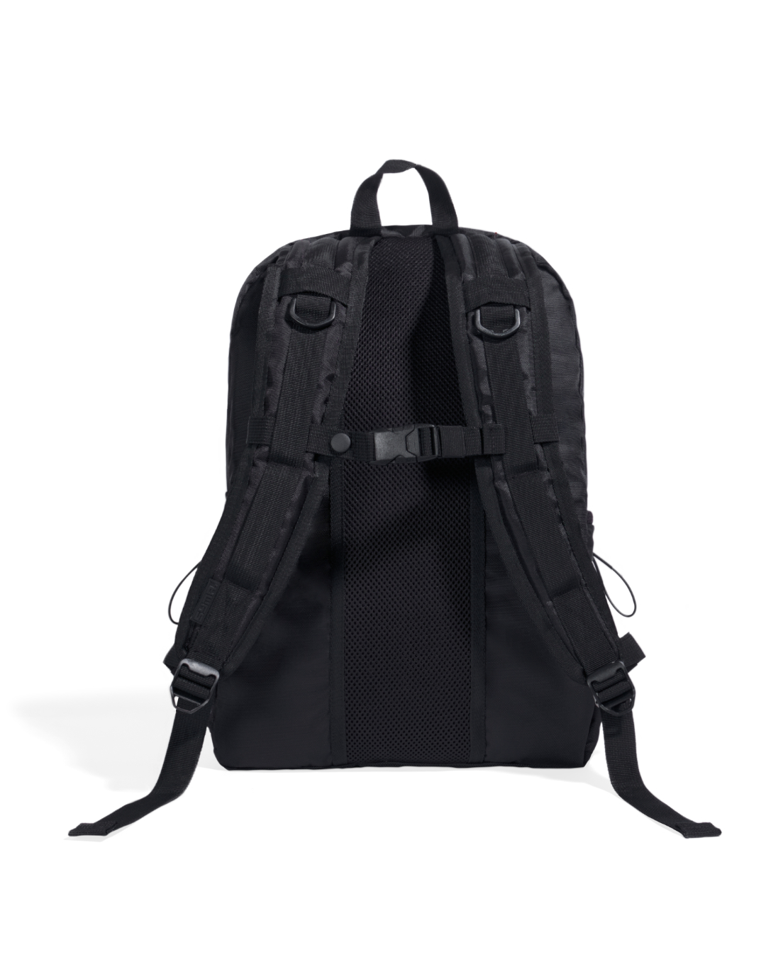 Straight rear view of the black SYMA Foyer highlighting its breathable mesh back panel, ergonomic shoulder straps, and adjustable chest strap. 16 inch commuter backpack.