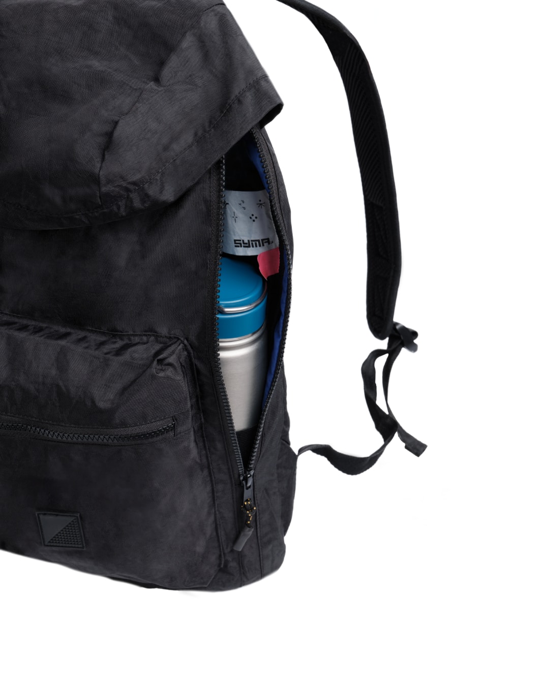Close-up view of black SYMA Hover Backpack showing open side zipper revealing internal water bottle holder. Versatile daily backpack