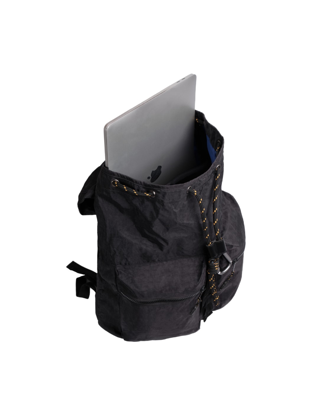 Open top view of black SYMA Hover Backpack showing silver laptop inside main compartment. Versatile daily backpack