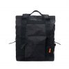 Front view of the black SYMA Chorus 17L 2-way backpack tote, displaying its textured nylon exterior, front zipper pocket for daily essentials, vertical 2cm nylon webbing, and dual side mesh water bottle pockets