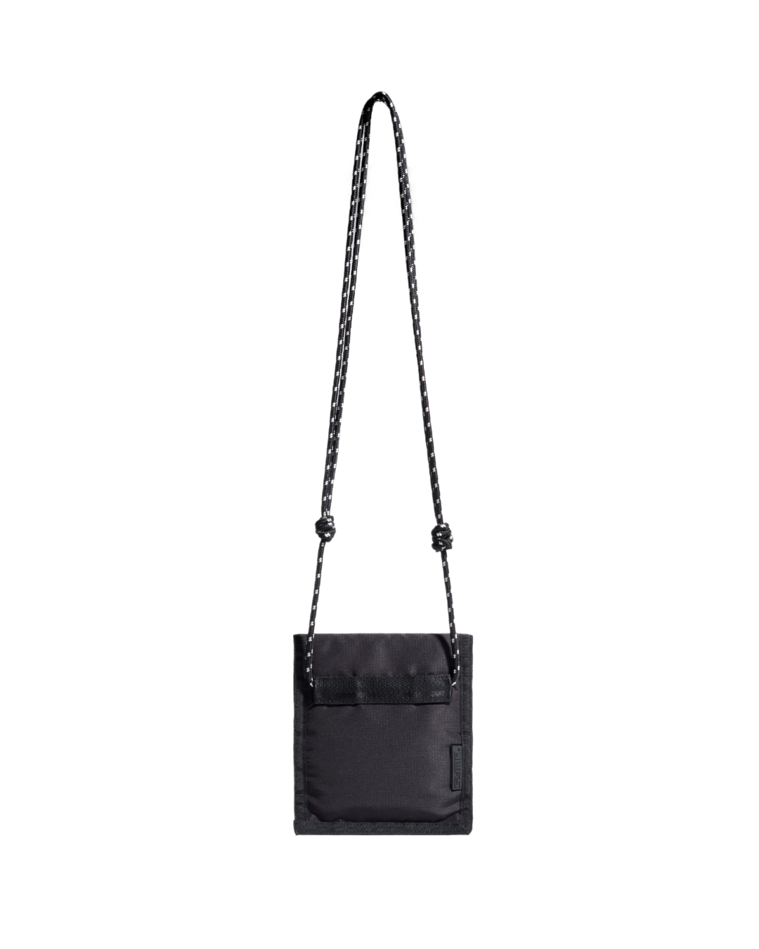 Back vertical view of the black SYMA Arrival compact travel wallet suspended by its paracord strap, highlighting the rear 2cm nylon webbing attachment loop