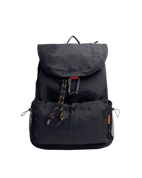 Front view of black SYMA Outrun Backpack highlighting tactical carabiner and paracord details. Versatile everyday backpack