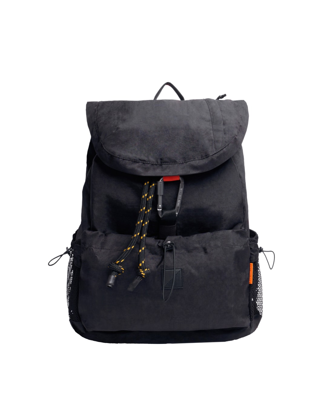 Front view of black SYMA Outrun Backpack highlighting tactical carabiner and paracord details. Versatile everyday backpack