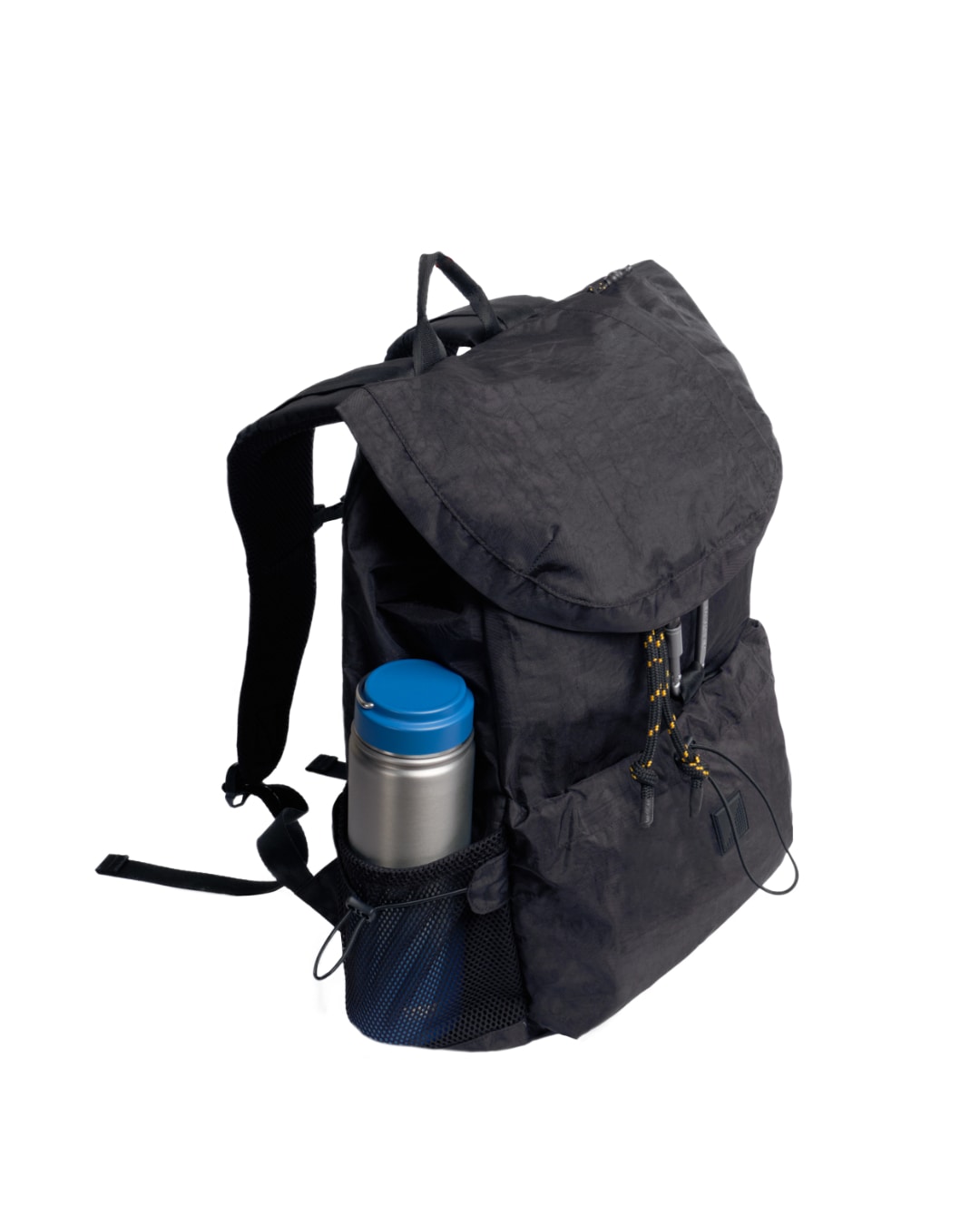 Angled view of black SYMA Outrun Backpack showing water bottle in side mesh pocket. Versatile everyday backpack