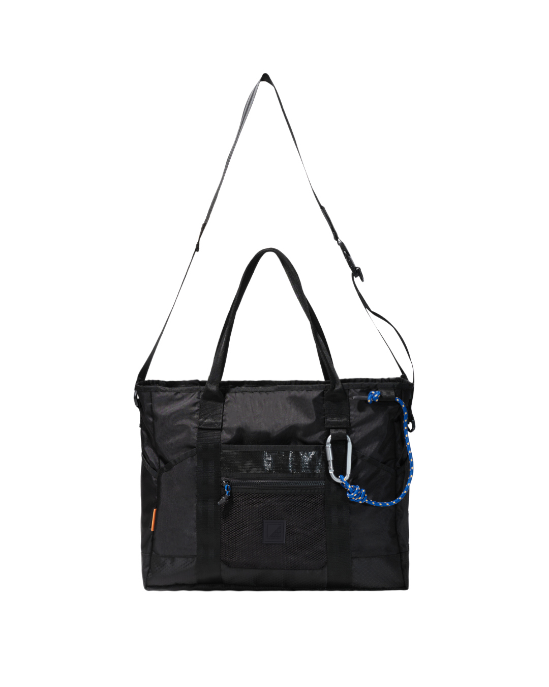 Front view of black SYMA Miles Tote Bag highlighting extended adjustable shoulder strap for crossbody wear. Versatile work tote bag