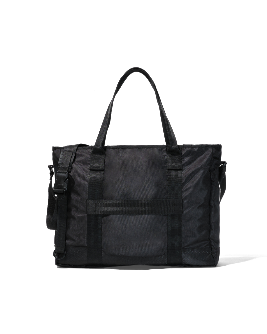 Back view of black SYMA Miles Tote Bag highlighting luggage slip-through holder. Versatile work tote bag