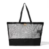 Straight front view of the black SYMA Peach highlighting its transparent mesh upper, solid ripstop bottom panel, and sturdy webbing handles. Large urban tote bag.