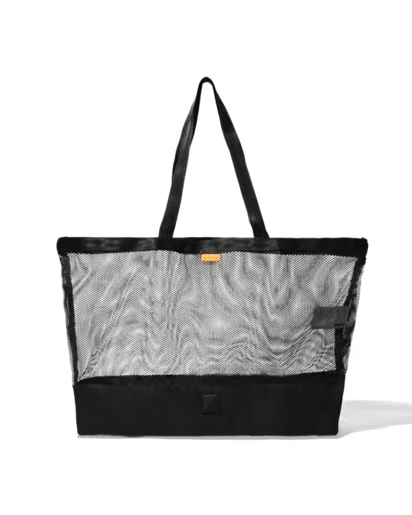 Straight front view of the black SYMA Peach highlighting its transparent mesh upper, solid ripstop bottom panel, and sturdy webbing handles. Large urban tote bag.