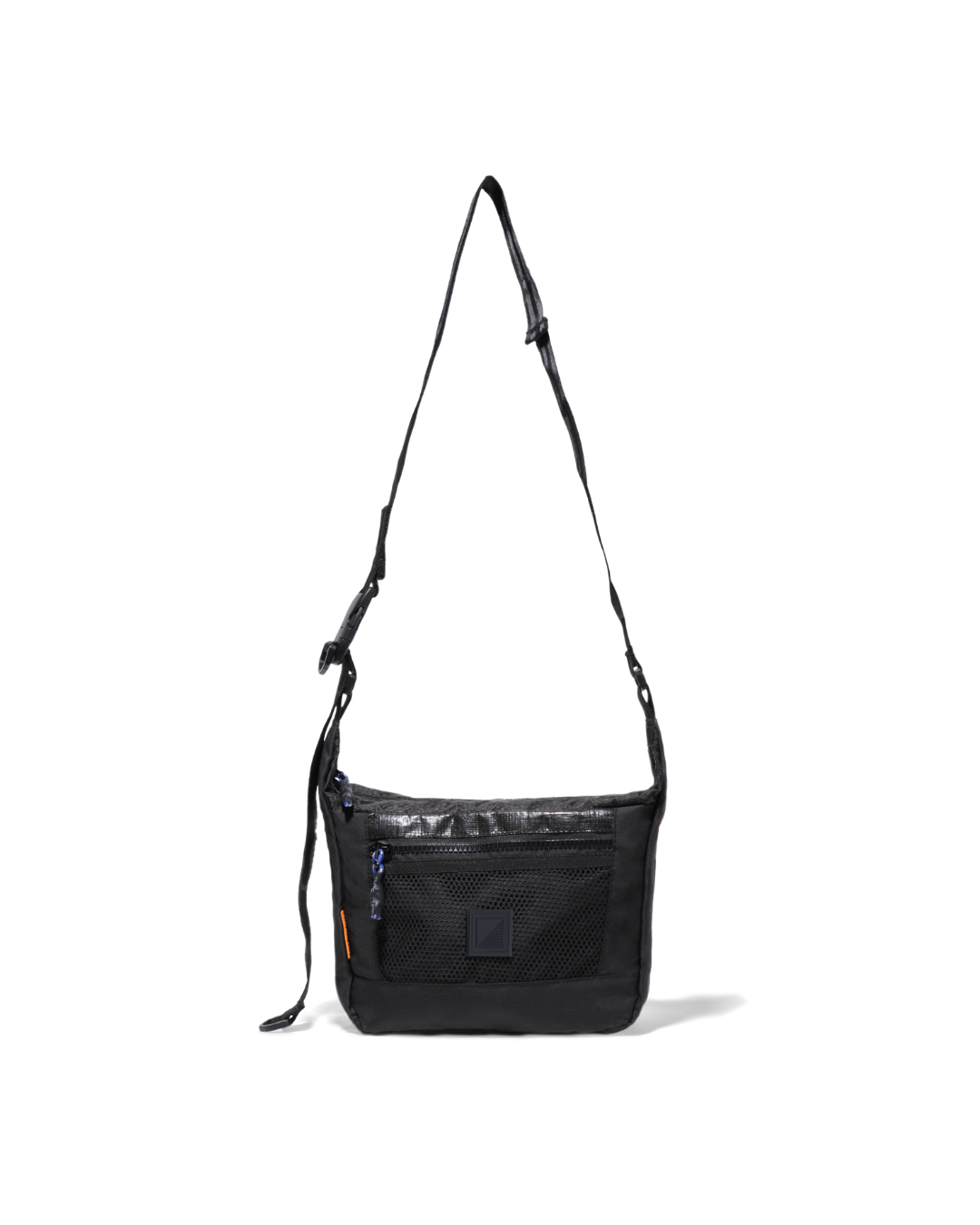 Straight suspended front view of the black SYMA Strings Sling Bag highlighting its structured PE Tarpaulin top panel, zippered front mesh pocket, and adjustable strap. Small urban crossbody bag.