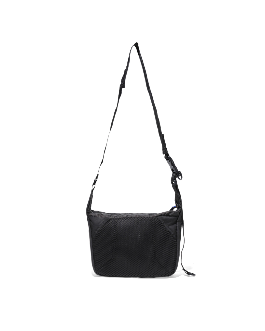 Straight suspended rear view of the black SYMA Strings Sling Bag highlighting its full breathable mesh back panel and adjustable strap. Small urban crossbody bag.