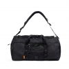 Front view of black SYMA Wonder Duffle Bag highlighting padded shoulder strap, grab handles, and front mesh pocket. Versatile weekend duffle bag
