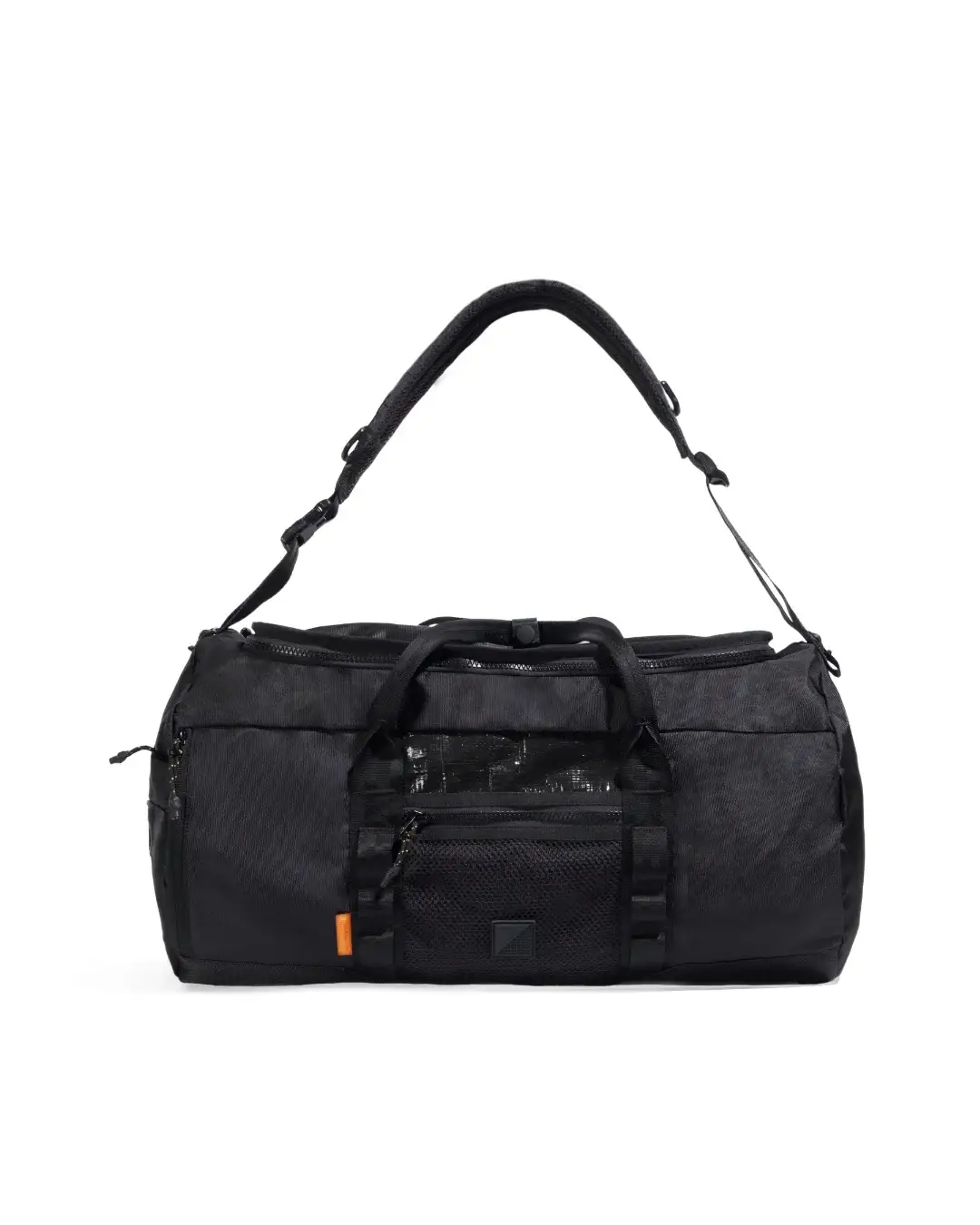 Front view of black SYMA Wonder Duffle Bag highlighting padded shoulder strap, grab handles, and front mesh pocket. Versatile weekend duffle bag