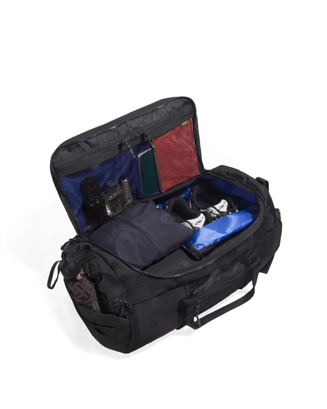 Interior open view of black SYMA Wonder Duffle Bag showing clothes and shoes in main compartment, and multiple mesh organizer pockets on the flap. Versatile weekend duffle bag