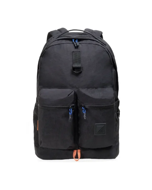 Front view of black SYMA Ascend Backpack highlighting dual front zippered pockets and clean silhouette. Structured everyday backpack