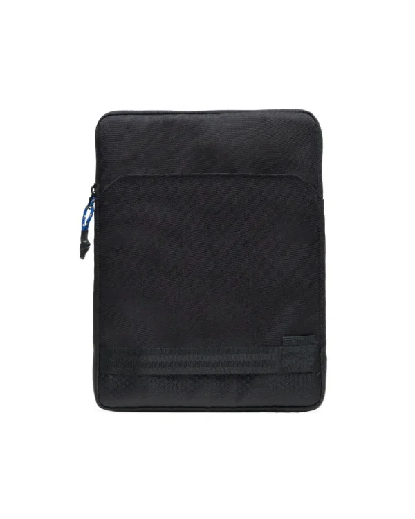 Straight front view of the black SYMA Opus highlighting its slim profile, front flat pocket, bottom hand-held strap, and stealth logo. Tactical 11 inch tablet sleeve.