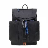 Front view of black SYMA Ribbons Backpack featuring dual front pockets, metal carabiner, and blue paracord details. Compact daily backpack.