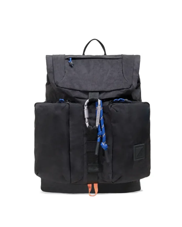 Front view of black SYMA Ribbons Backpack featuring dual front pockets, metal carabiner, and blue paracord details. Compact daily backpack.