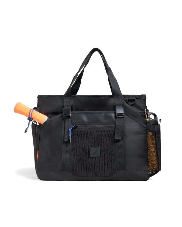 Front view of SYMA Miles Racket-Tote Black showing racket sleeve and bottle pocket. Padel & tennis bag