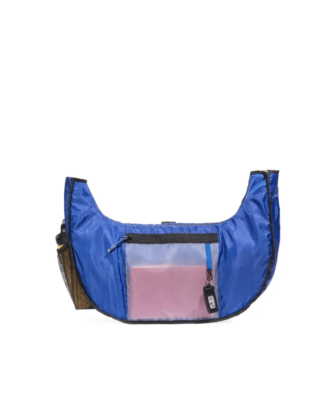 Interior view of SYMA Fable Sling Bag Maroon highlighting blue lining, see-through mesh pocket, and key hook. Urban streetwear sling bag