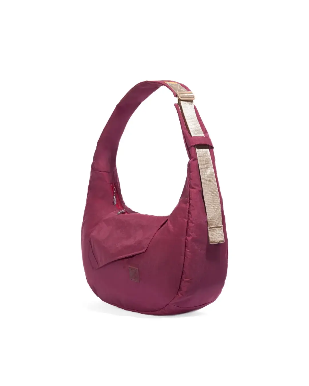Angled view of SYMA Fable Sling Bag Maroon highlighting contrast strap details. Urban streetwear sling bag
