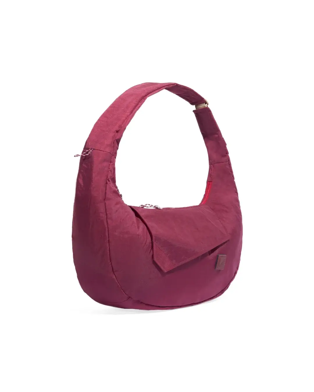 Right angled view of SYMA Fable Sling Bag Maroon highlighting signature curved silhouette. Urban streetwear sling bag