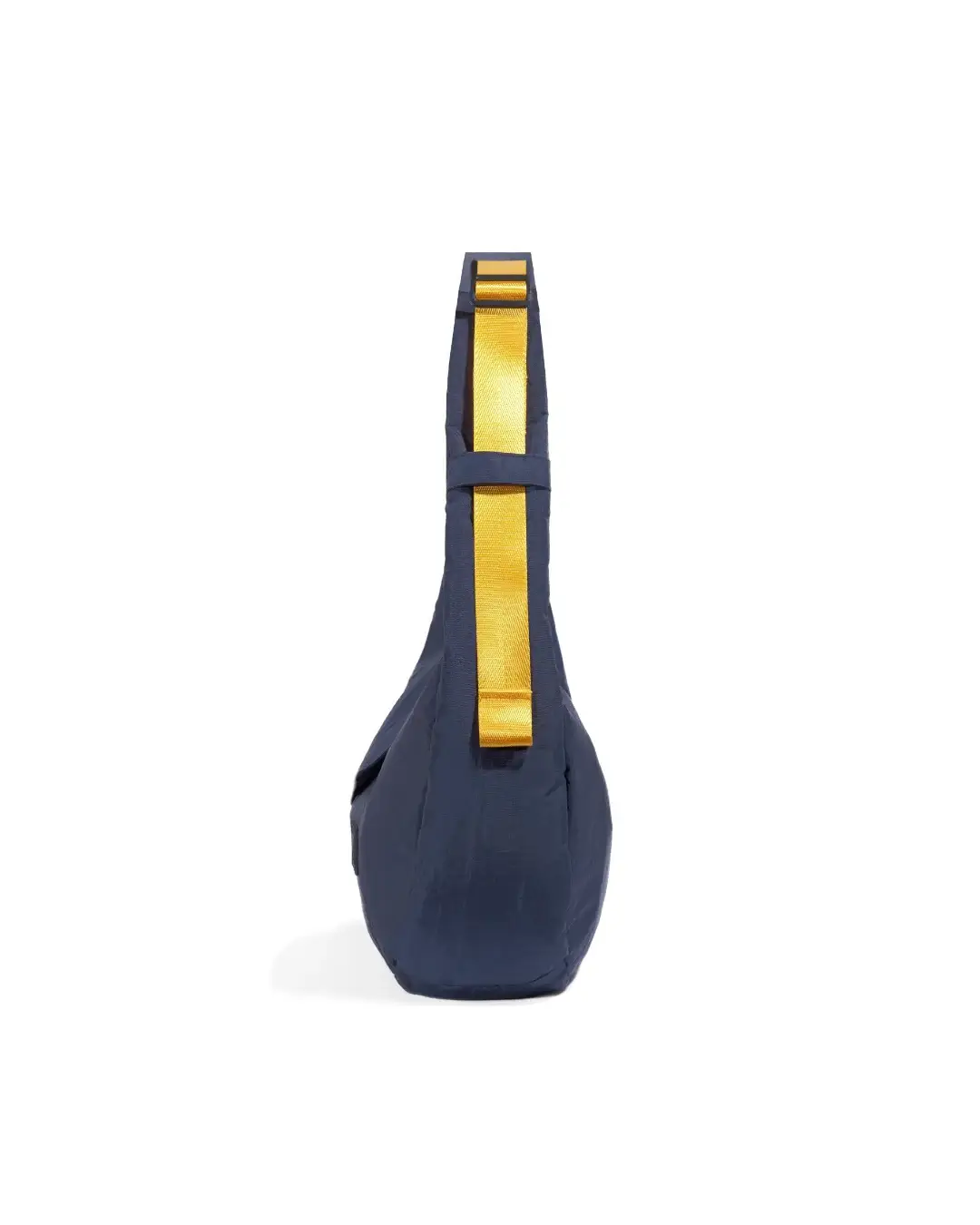 Side profile view of SYMA Fable Sling Bag Navy showing slim silhouette and contrast yellow strap. Everyday commuter sling bag