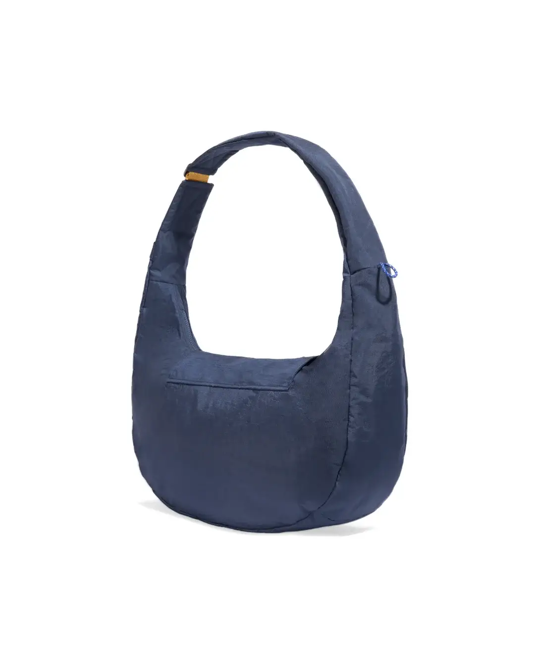 Rear angled view of SYMA Fable Sling Bag Navy highlighting smooth back panel and top zipper. Everyday commuter sling bag