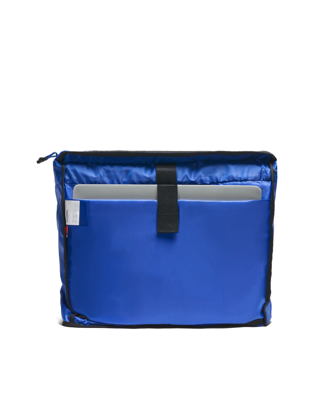 Bright blue padded 16-inch laptop sleeve component of the SYMA Bridge Tote Bag, a premium urban utility tote, featuring a secure black velcro strap, black edge binding, and top zipper closure