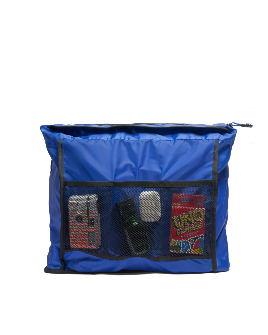 Interior bright blue nylon organization panel of the SYMA Bridge Tote Bag, featuring a top zipper closure, black edge binding, and three built-in mesh pockets holding a compact camera, an audio case, and a deck of cards