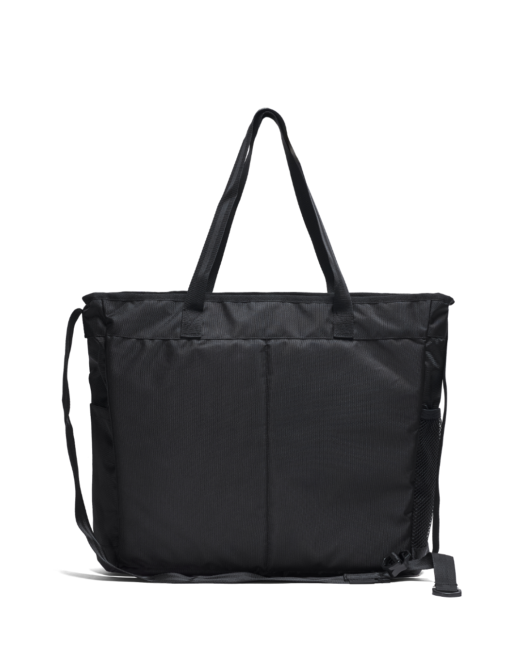 Straight rear view of the black SYMA Bridge Tote Bag, a premium urban utility tote displaying a clean, water-resistant nylon back panel, reinforced top carry handles, an adjustable crossbody strap attachment, and a side mesh pocket