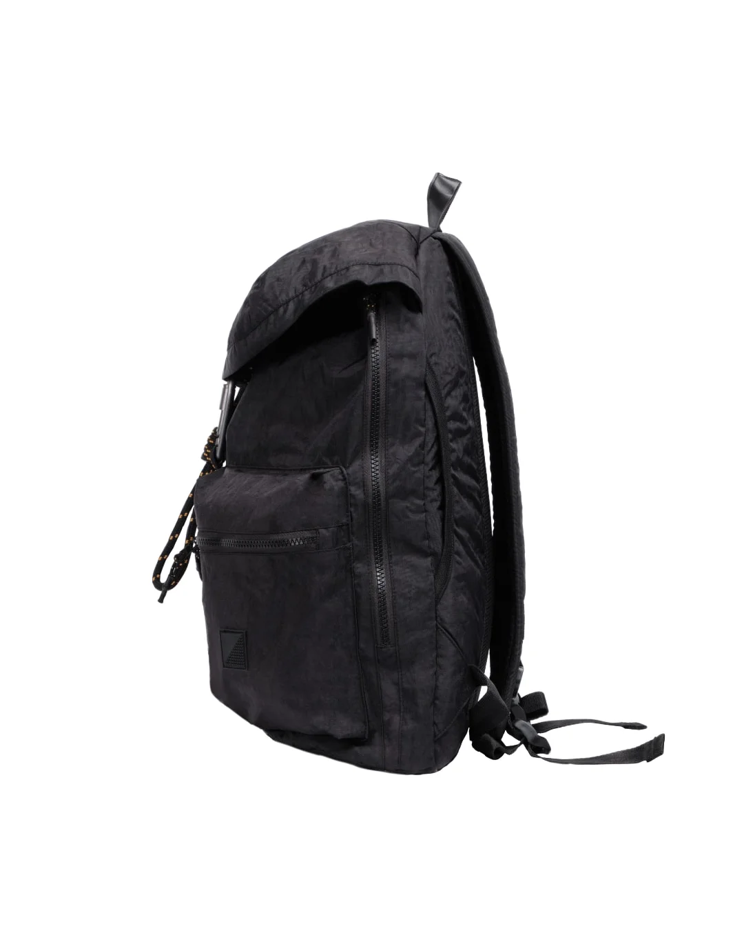Left side profile view of black SYMA Hover Backpack highlighting quick-access side zipper and slim silhouette. Versatile daily backpack