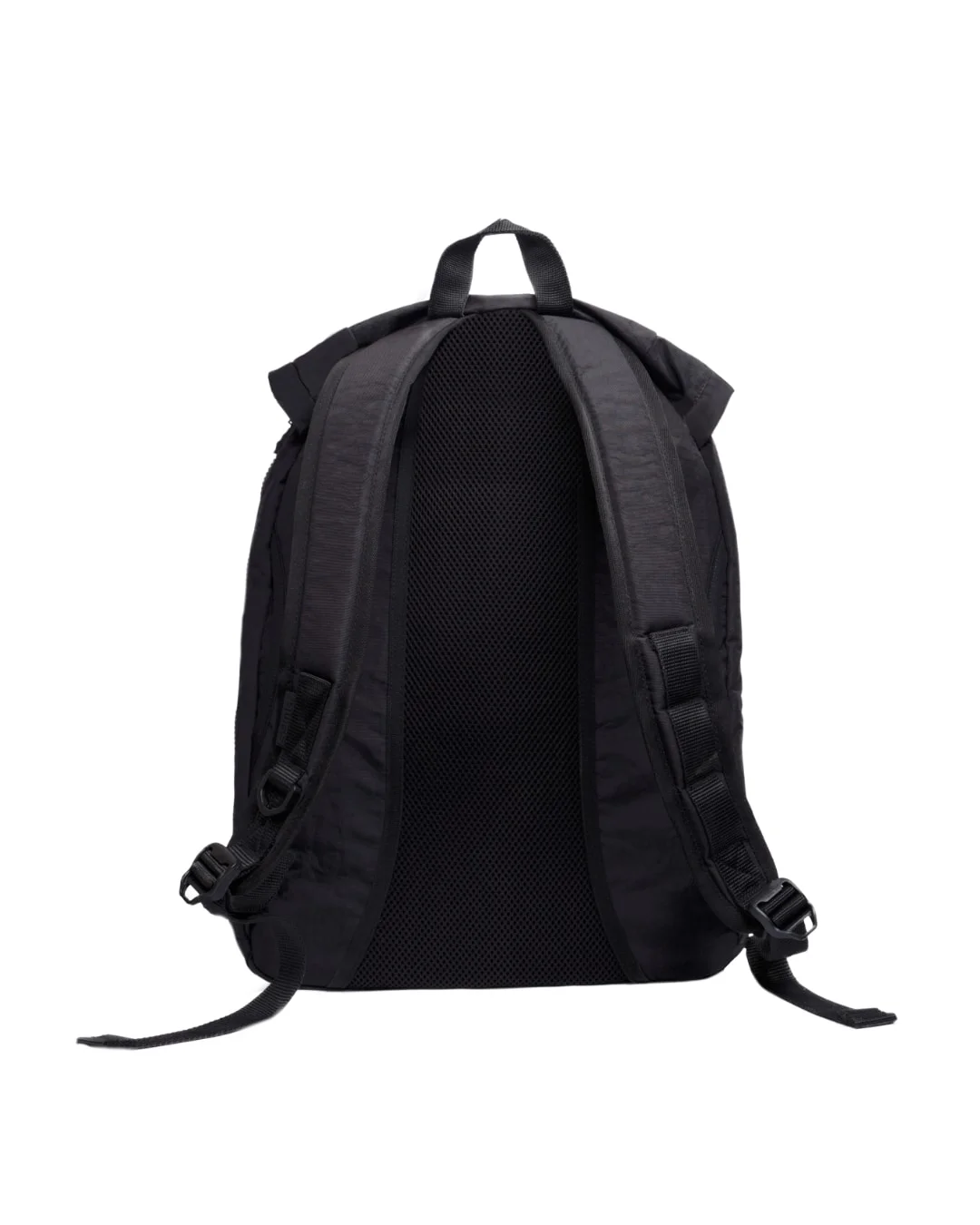 Back view of black SYMA Hover Backpack highlighting padded shoulder straps and breathable mesh back panel. Versatile daily backpack