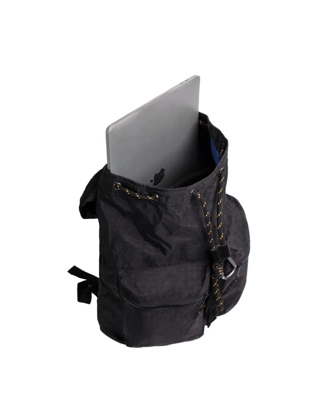Open top view of black SYMA Hover Backpack showing silver laptop inside main compartment. Versatile daily backpack